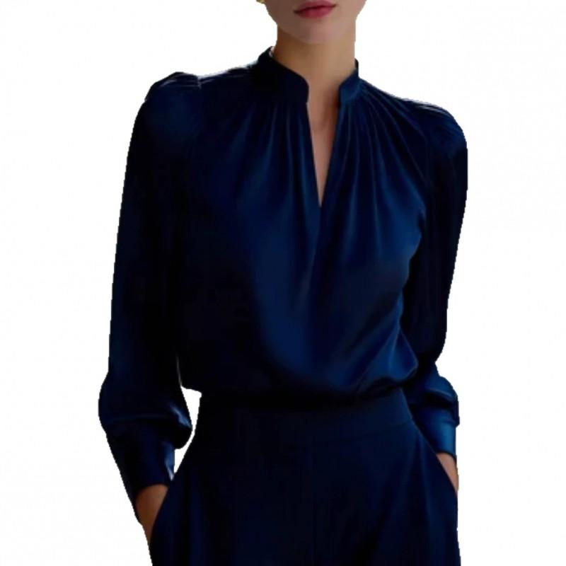 2026 Satin Stand Collar Blouse With Puffed Sleeves Long Sleeve Womens Office Wear