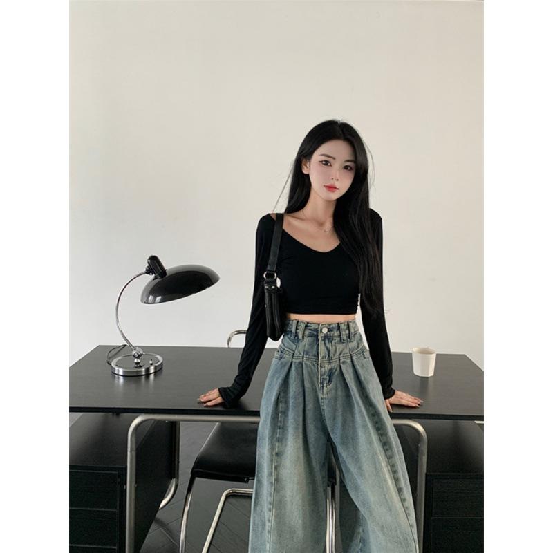 Retro High Waist Jeans for Women Spring and Autumn All-Match Small Loose-Fitting Mopping Pants Straight-Leg Wide-Leg Pants Trousers
