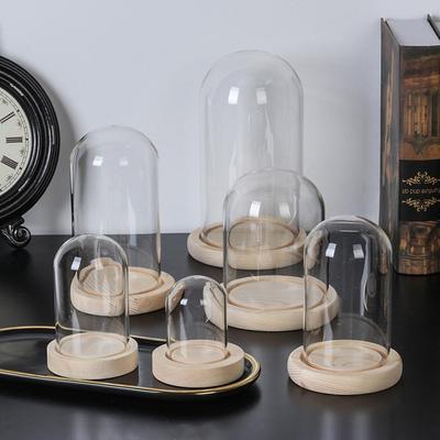 Glass Cloche Jar Display Stand Cover Terrarium Bottle with Wooden Base Acrylic Dust Cover Display Box Immortal Flower Box
