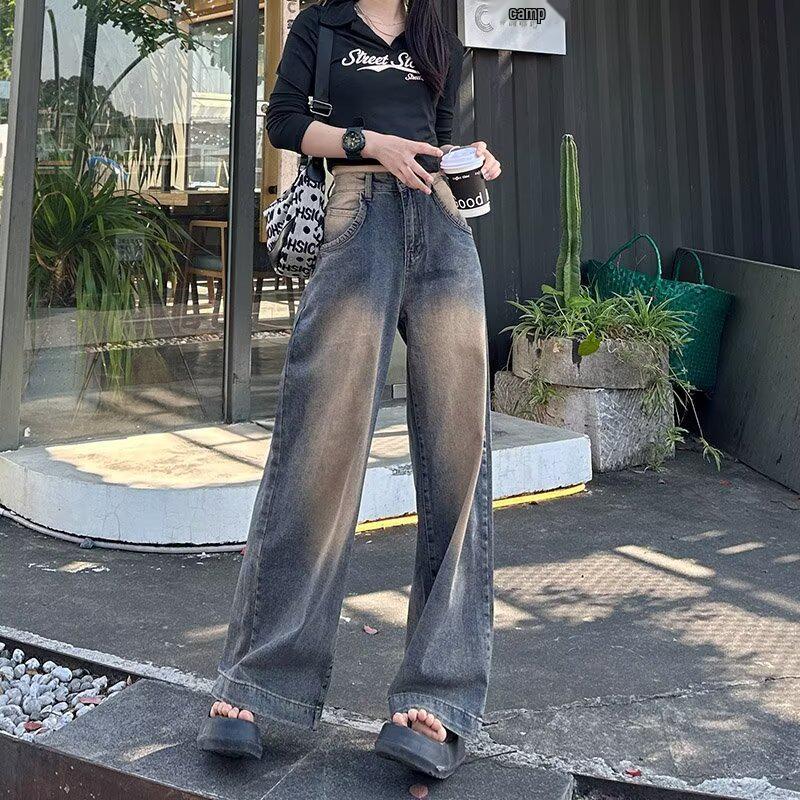 

Nostalgic 2024 Autumn Women s High-Waisted Retro Wide-Leg Distressed Jeans XL