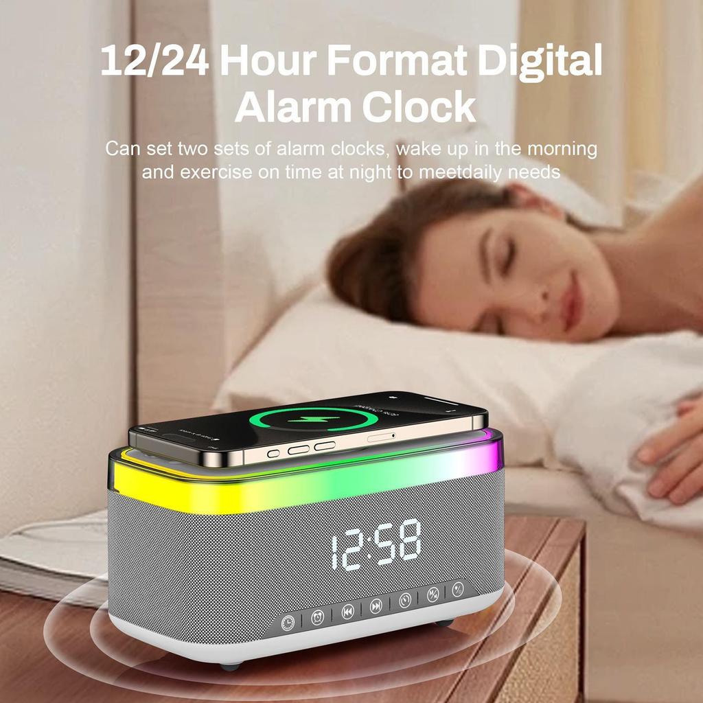 Alarm Clock Wireless Charger Ambient Lighting Speaker Digital Wireless Charging Speaker For Bedside Bedroom Night Time Home