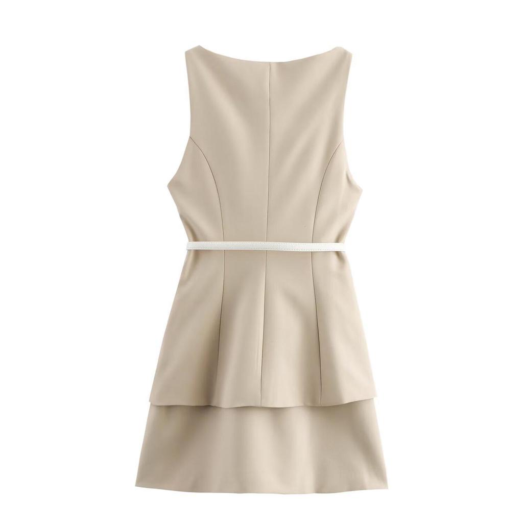 Frühling 2025 Damen Slim Rundhals Lagenlook Gürtel Patchwork Kleid