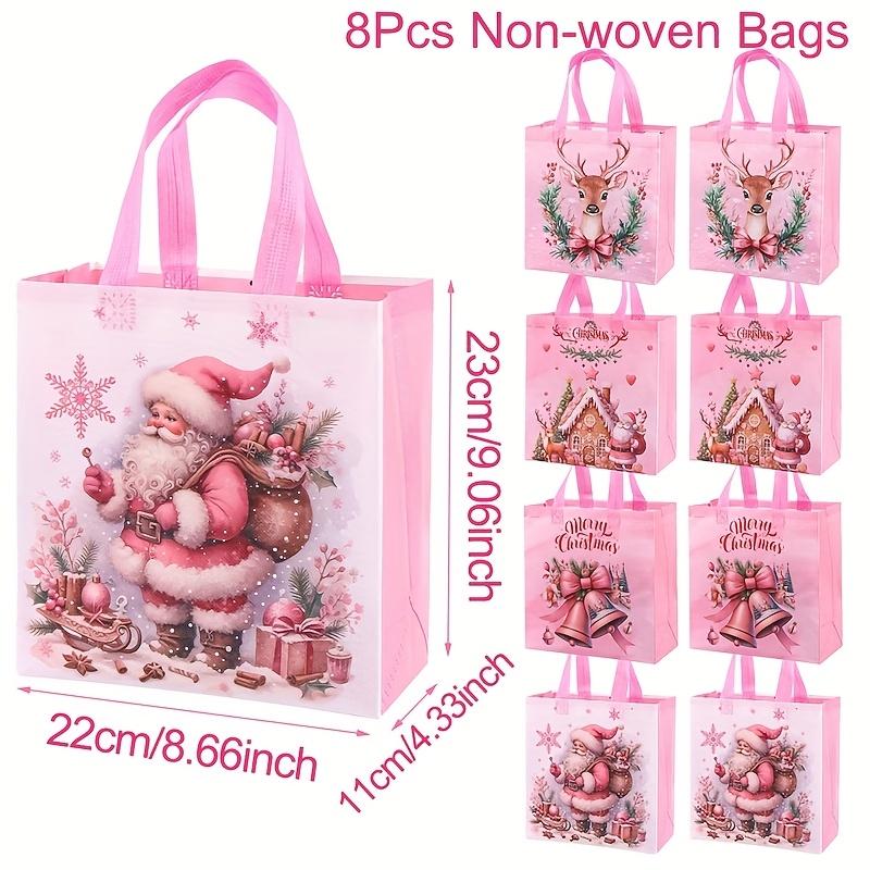 4/8pcs Pink Christmas Tote Bags with Handles,Santa Claus Elk Bell Pattern Reusable Gift Bag,Grocery Shopping Bag,Pink Packaging