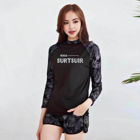 2 Pcs/Set Unisex Swimsuit Quick-drying Breathable Soft Leaf Print O Neck Long Sleeves Couple Surfing Clothes Diving