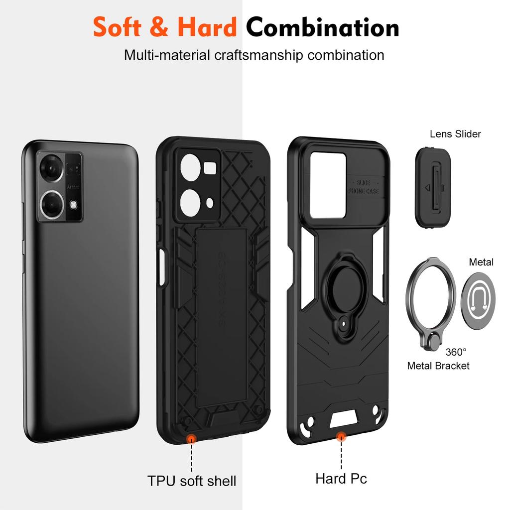 Rugged Armor Shockproof Phone Case For OPPO F21 Pro Reno 7 8 4G Slide Push Window Metal Ring Holder TPU Frame Plastic Back Cover