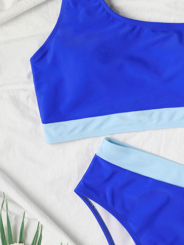Color Block One Shoulder High Waist Sexy Bikini Set Elegant Two Piece Swimwear