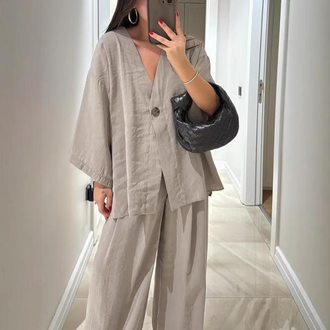 2025 European & American Women's V-neck Top and Wide-leg Pants Set: Casual, Stylish, Loose Fit