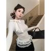 Women's Polo Neck Long Sleeve Slim Fit Top Bow Lace Hollow Out Fall T-Shirt