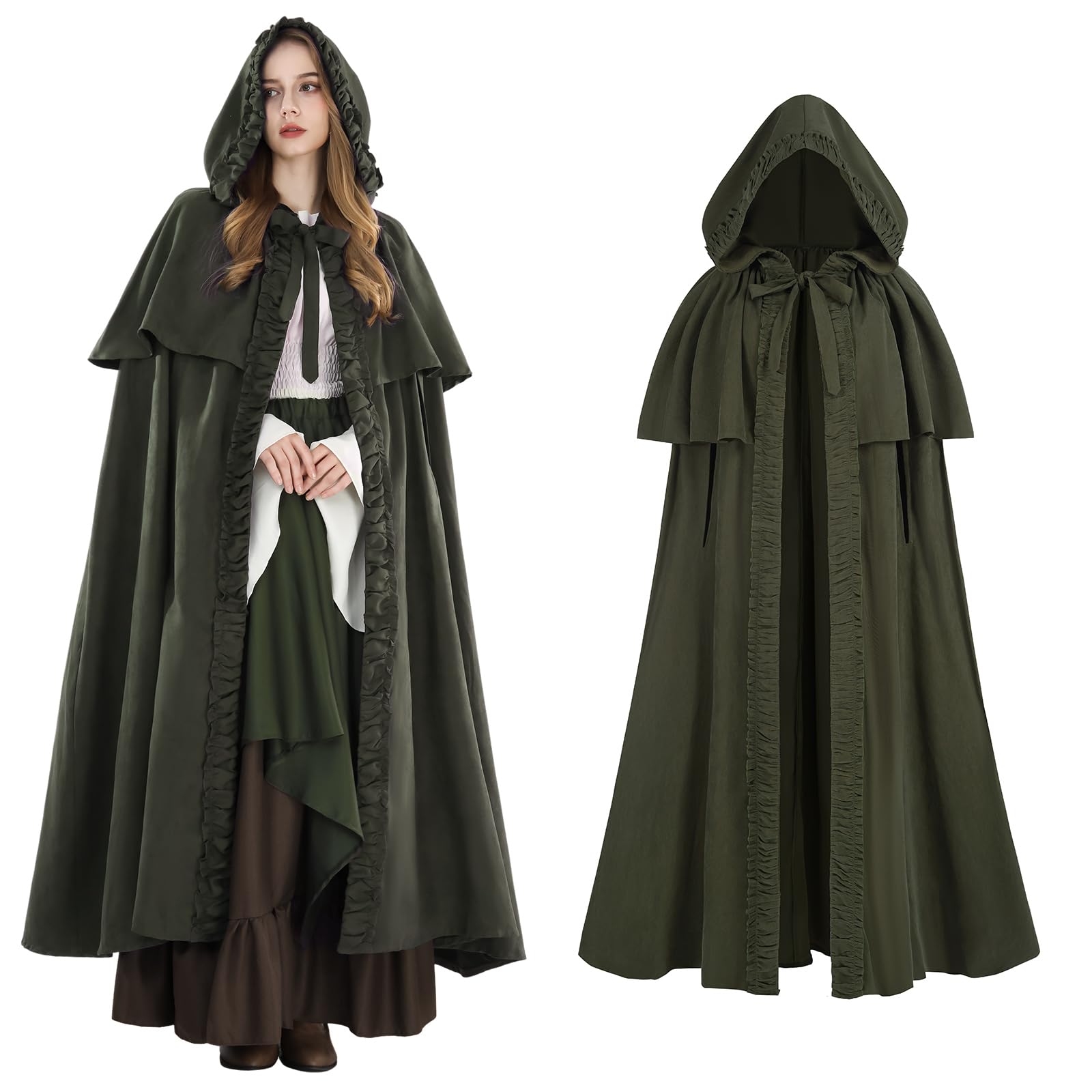 

[Kami-Yu-Hyaku] Длинный плащ ведьмы с капюшоном, средневековый винтажный плащ для косплея на Хэллоуин (Зеленый, Л)
