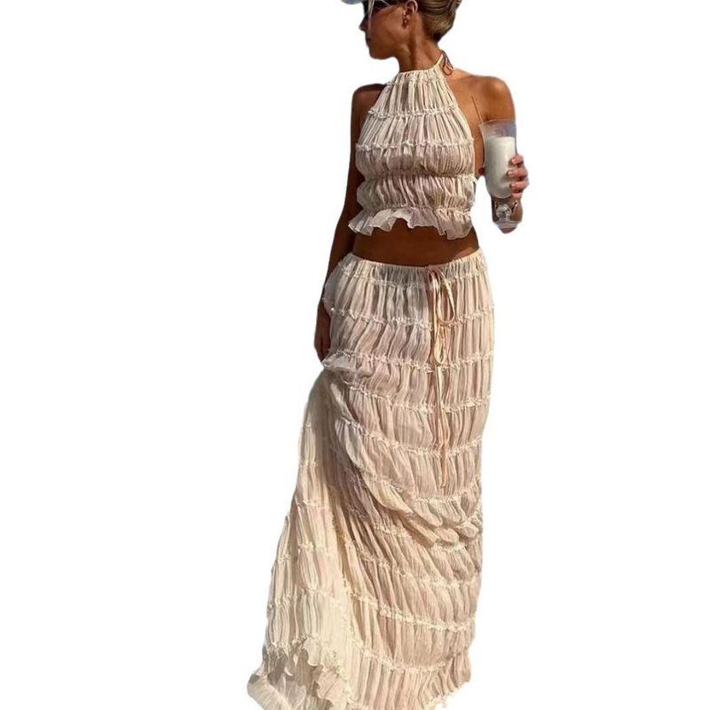 Sexy Neck Hanging Pleated Long Skirt Set Sexy Halter Ruched Long Skirt Suit