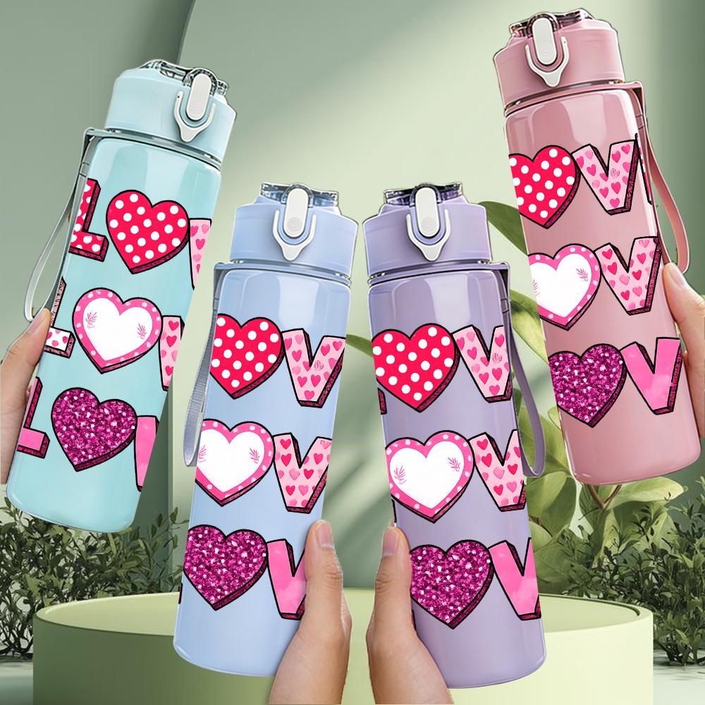 1PC Love Love Heart Text 750ml Color Plastic Sports Water Bottle Leakproof Flip Straw Lid Suitable for Sports Office Home Use