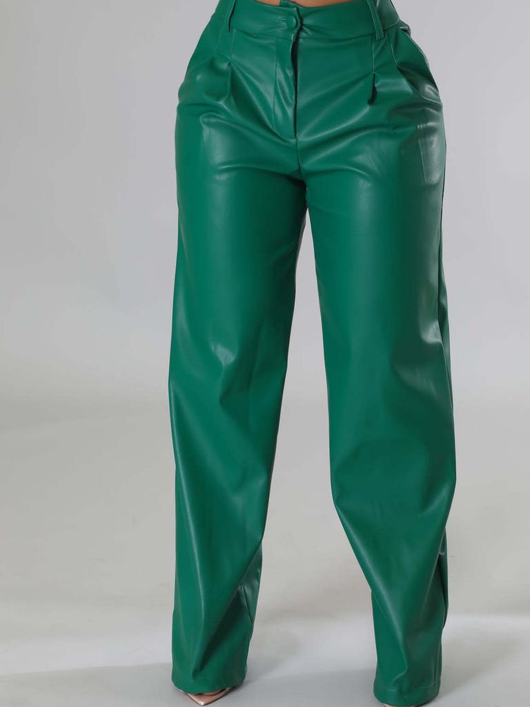 New Autumn Winter PU Women's Wide Leg Pocket Casual Leather Pants