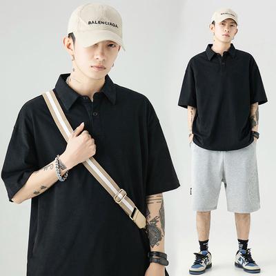 Turn-down Collar Short Sleeve Polo Shirt for Men Loose Fit Trendy Brand Solid Color Plus Size T-shirt Men's Casual American Style Half Sleeve Top