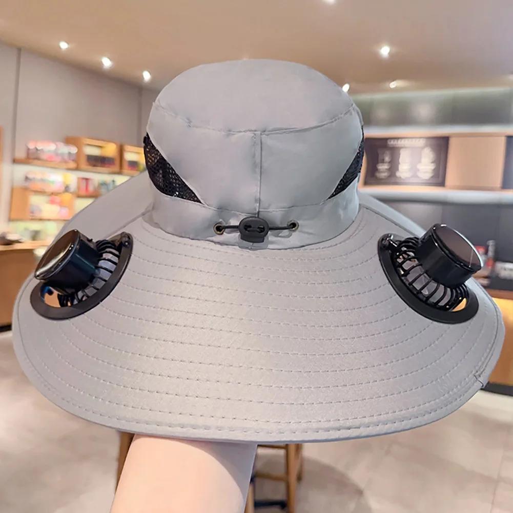 Outdoor Wide Brim Sun Hat with Solar Fan Wide Brim Solar Fan Usb Charging Outdoor Fishing Hat Portable Bucket Hat 2Pcs Fan
