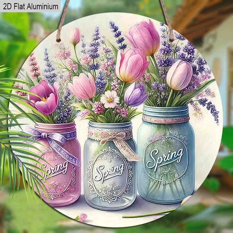 2D Flach 1 Stück Frühling Pastoral Vase Aluminiumschild Rund Dekoratives Hängendes Ornament, Haus Küche Garten Balkon Zaun Dekoration, Gärtnerei Studio Dekoration
