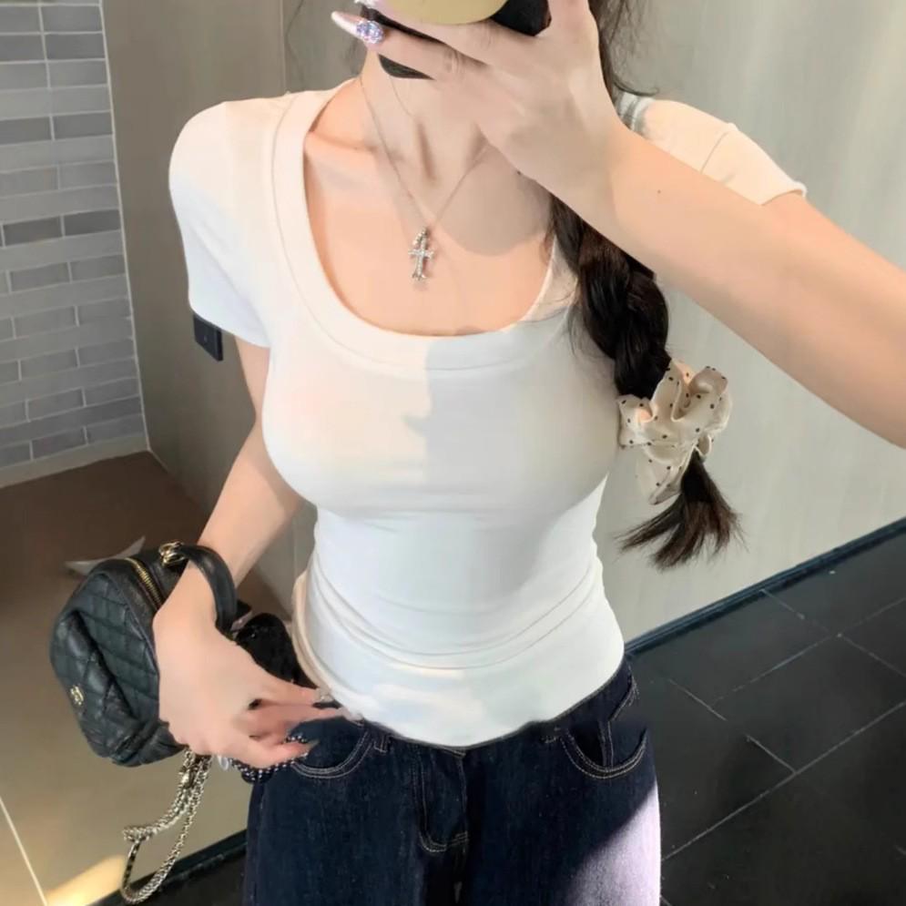 Ribbed Cropped U-Neck Cut-Out T-Shirt for Women - Pure Desire Style, Solid Color, Short Sleeve.
