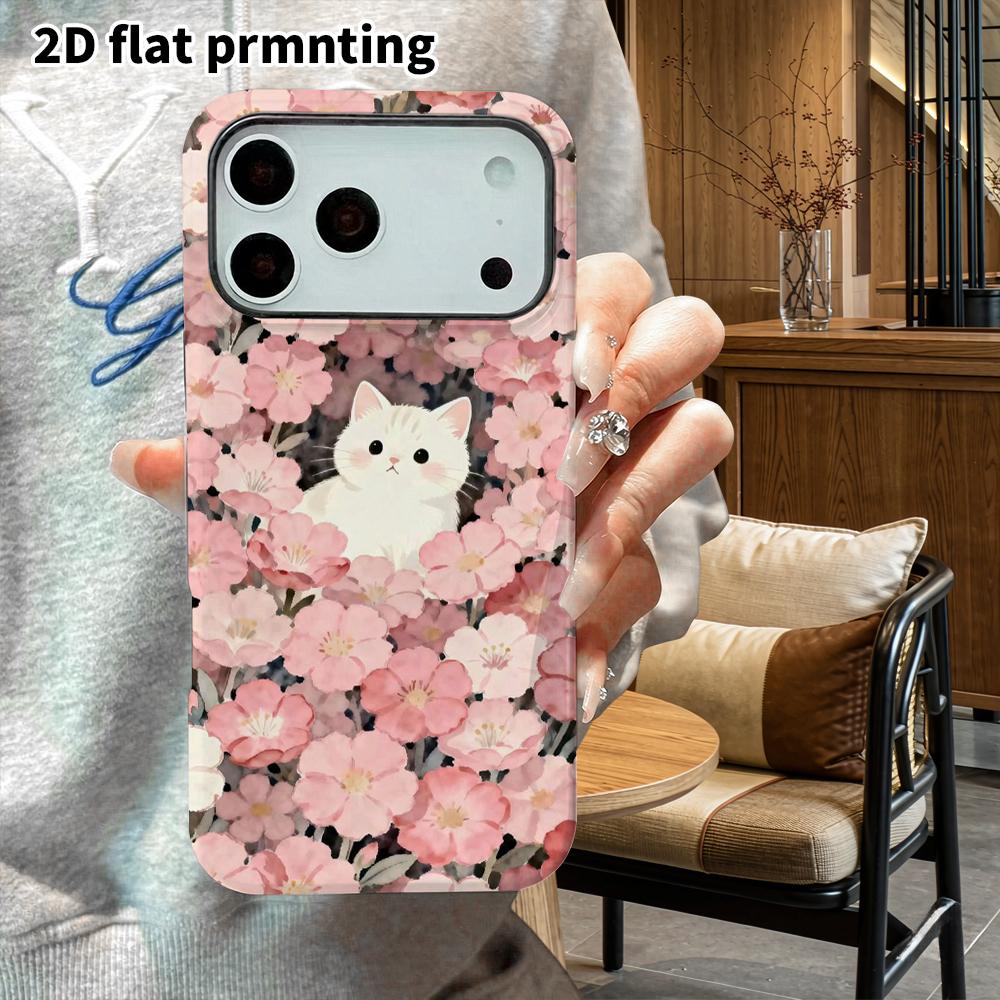 Phone Case: 2D Flat Design Suitable for iPhone 18 17 16 15 14 13 Pro Film Protective Case, Couple Style, Little White Cat In the Flowers, Christmas an