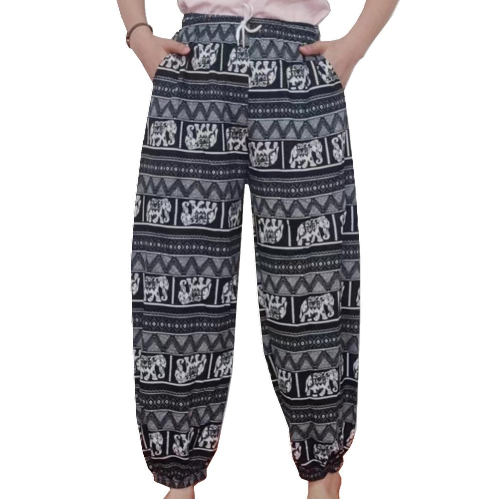 Sloní skákací kalhoty dlouhé nohavice nastavitelný elastický pas pásek unisex ženy muži potisk Thajsko ležérní streetové plážové boho bohémské retro vintage