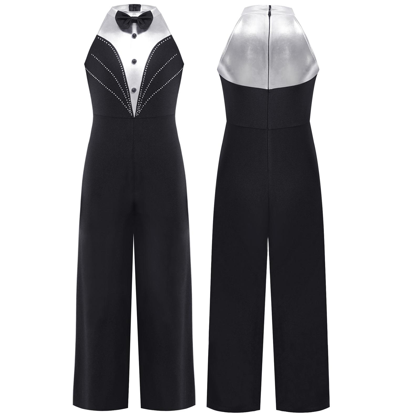 

Kids Girls Metallic Patchwork Jumpsuit Rhinestone Color Block Sleeveless Bodysuit for Jazz Dance Stage Competition чёрный