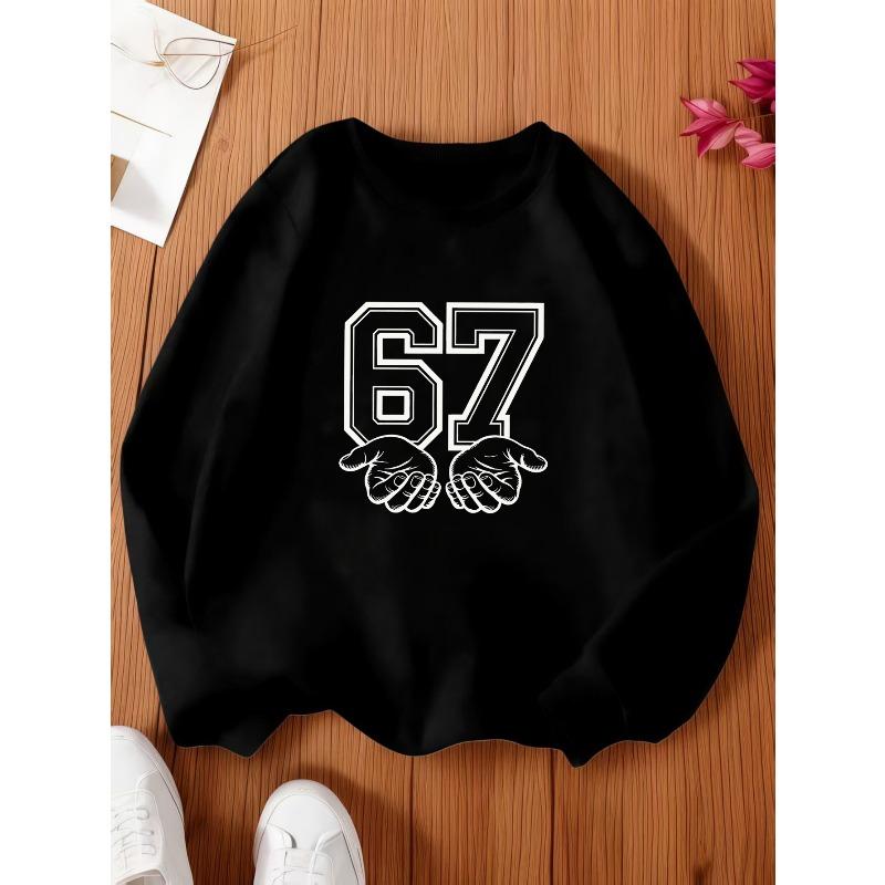 Kids Unisex Crewneck Sweatshirt, Double Outline Varsity 67 Number with Two Cupped Hands Cartoon Print Pullover, Sweatshirt for Boys Girls Ages 4+