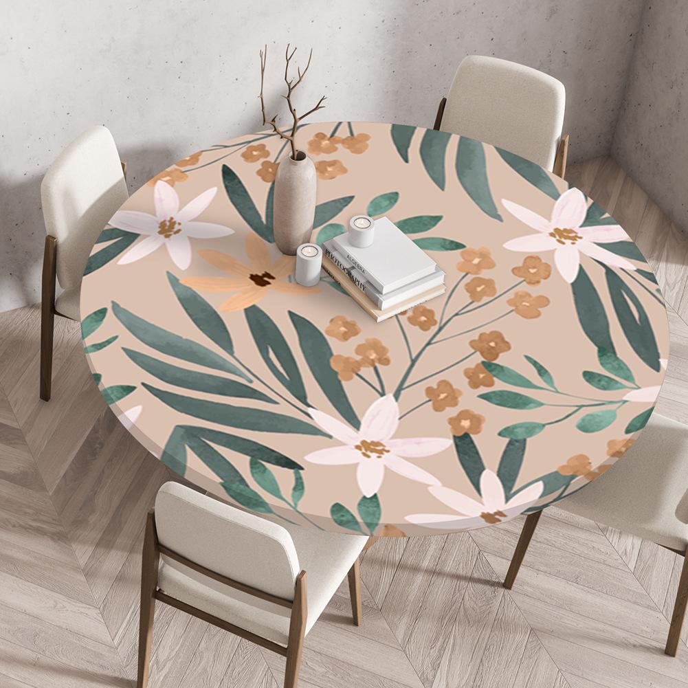 Round Table Cover Protector Elastic –Floral Print Fitted Tablecloth Waterproof,Elastic Edge Round Table Cloth for Dining Kitchen