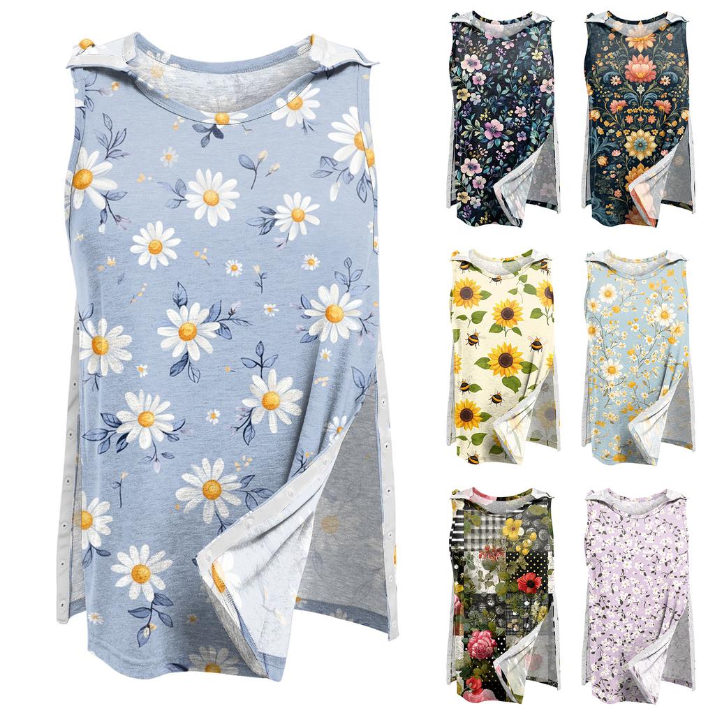 Women Shoulder Surgery Shirt Sleeveless Floral Print Top with Snap Buttons and Tear-Away Design Medical Recovery Apparel