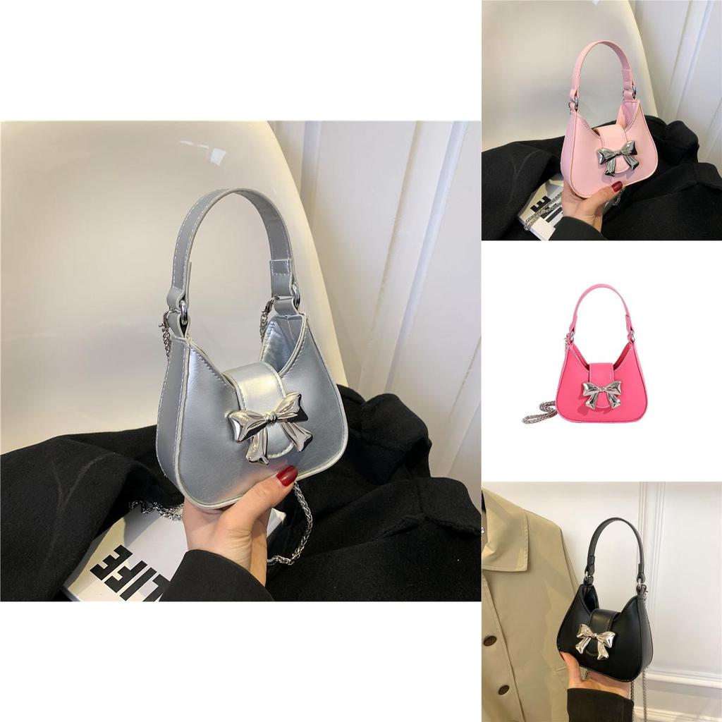 Black Pu Material Butterfly Knot Women's Bag 2024 Urban Simple Style Chain Shoulder Crossbody Handbag