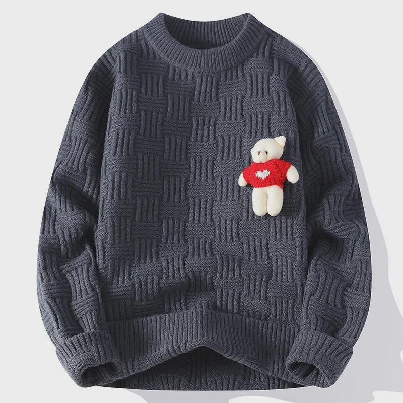 "2024 Men's Red Zodiac Bear Sweater: Autumn/Winter Round Neck with Coarse Twists"