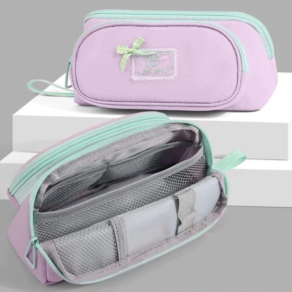 Multi-layer Magnetic Bow Pen Bag Bowknot Pencil Bag Cute Retro Color Pencil Case Daily