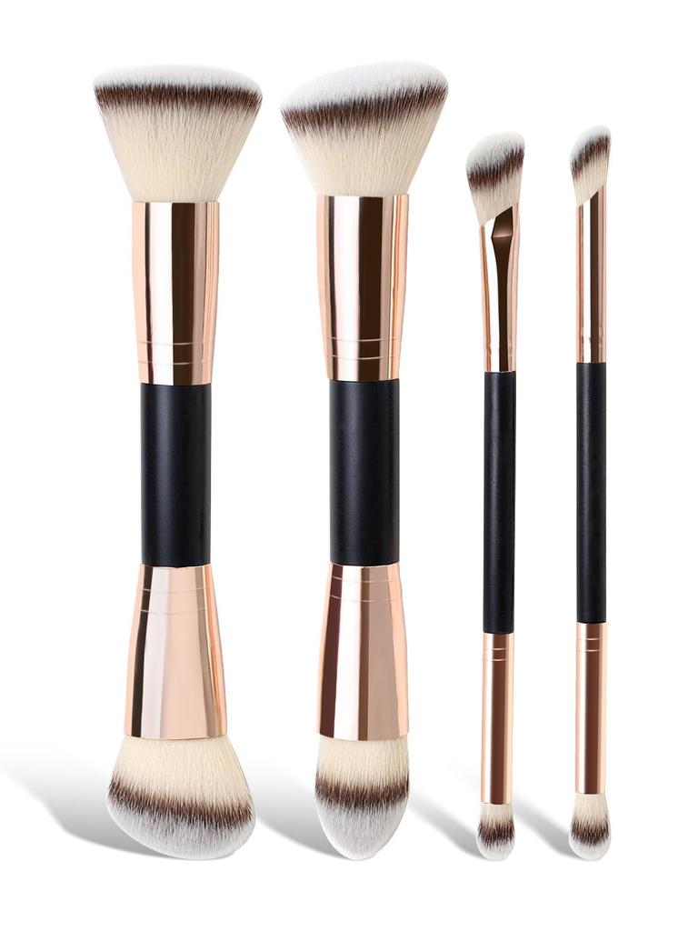 4-Piece Dual-End Makeup Brush Set: Foundation, Blush, Contour, Eye Shadow Blending with Soft Three-Color Bristles