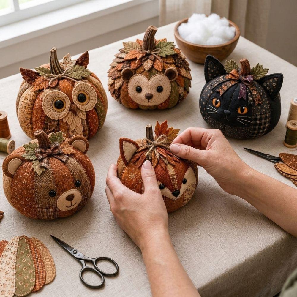 Cow Cat Whimsical Patchwork Pumpkin Fabric Kit Fall Animal Stuffed Patchwork for Hobbyists