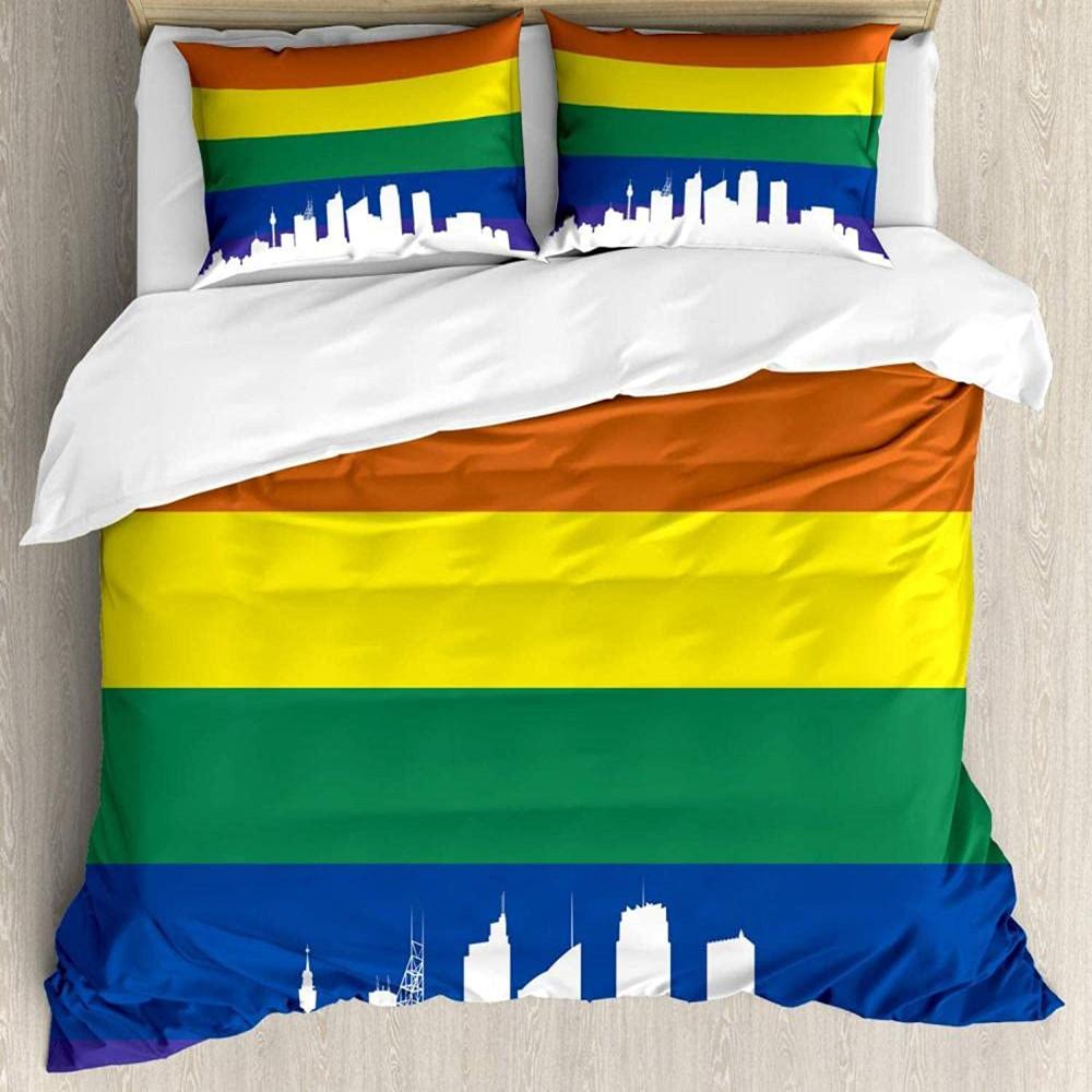 Conjunto de Capa de Edredom Pride Poliéster Pessoas Celebrando o Dia Internacional da Comunidade LGBT com Design Listrado Colorido Conjunto de Cama