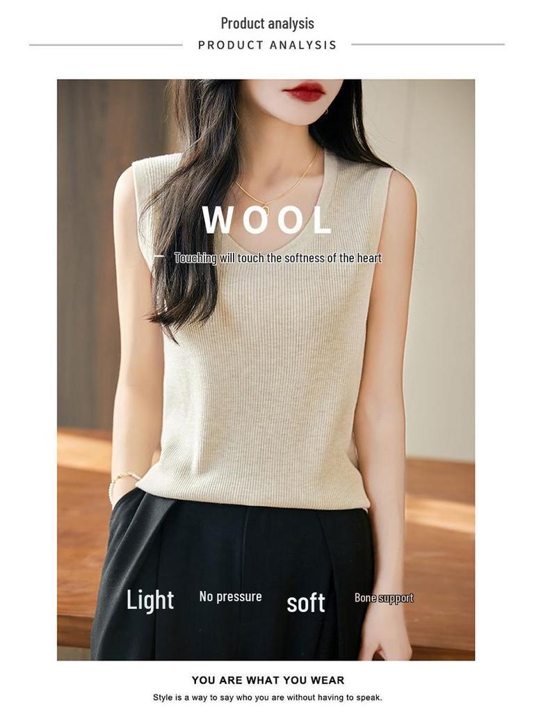 2025 Spring Worsted Wool Round Neck Sleeveless Knitted Vest - Solid Color Pullover Top