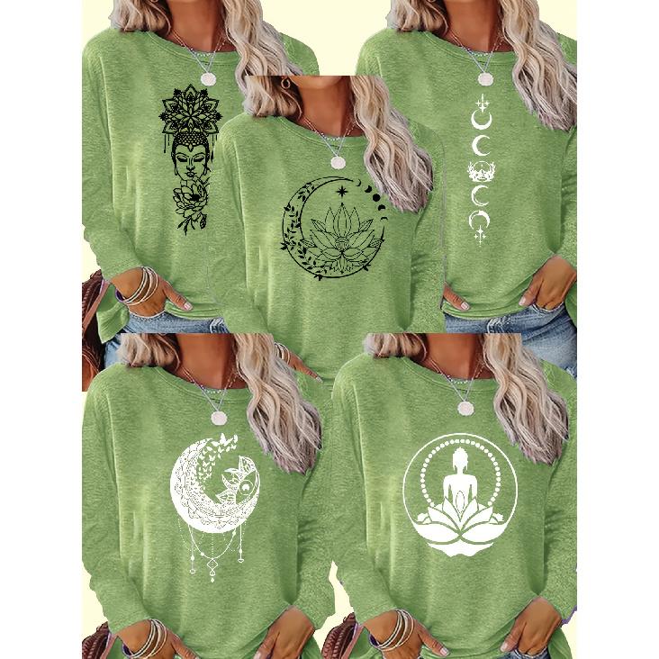 5Packaged Lotus Flower Stars Moon print fashion retro style women s spring, summer, autumn, and winter retro sports style top with round neck and S трава зеленый