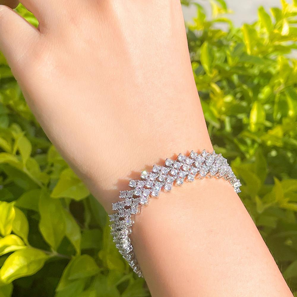 Full Diamond Sparkling Multi-Layer Bracelet, Brass Plated Platinum Hand Jewelry