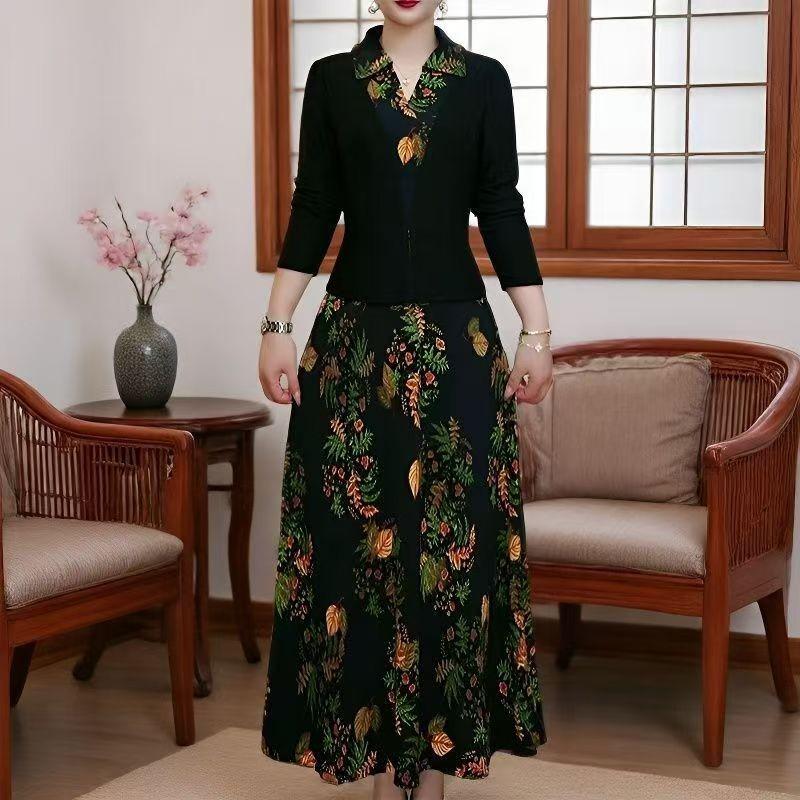 Elegant Chinese Style Long Sleeve Two-Piece Skirt Dress - Slimming & Age-Reducing