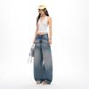 Spring Summer Distressed 3D Cat Whisker Pleated Small Saber Relaxed Wide Leg Denim Pants For Ladies Casual Pants Oversize Denim Trousers