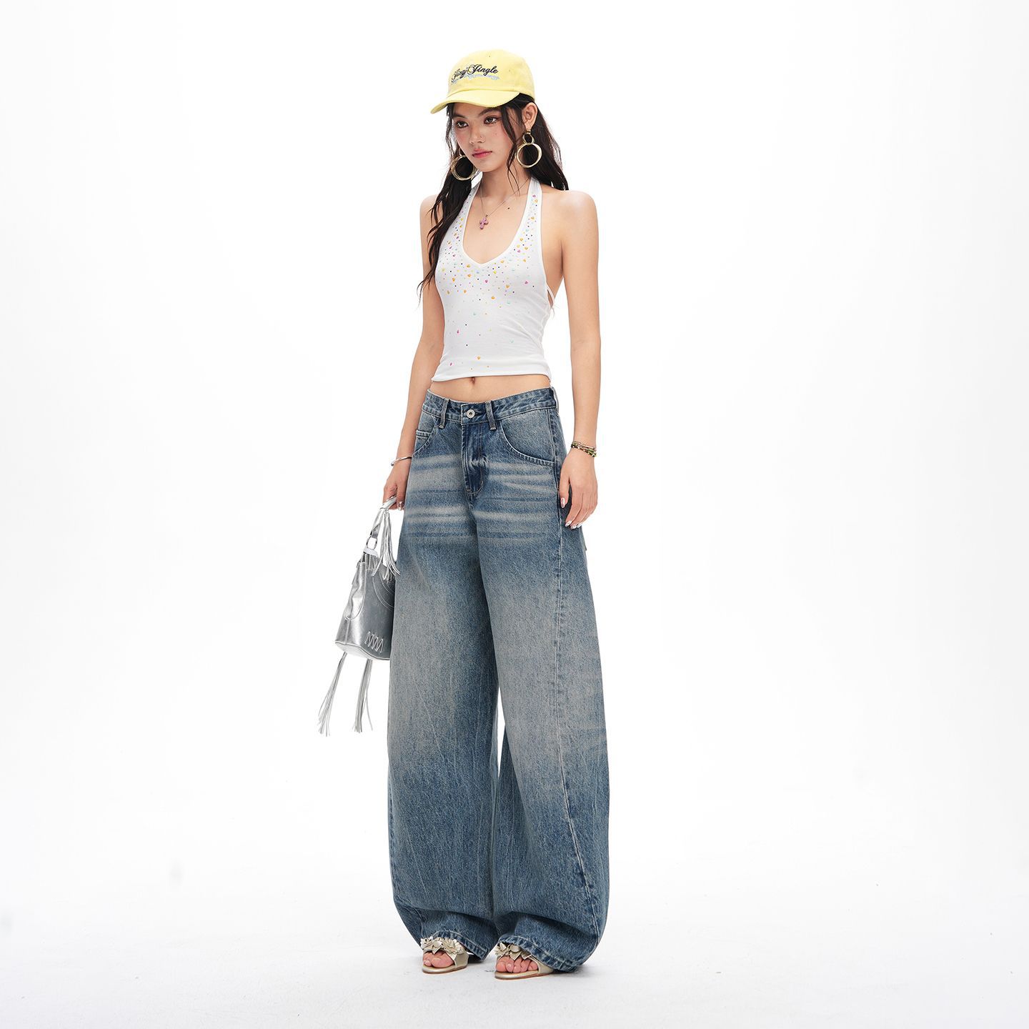 Spring Summer Distressed 3D Cat Whisker Pleated Small Saber Relaxed Wide Leg Denim Pants For Ladies Casual Pants Oversize Denim Trousers XS
