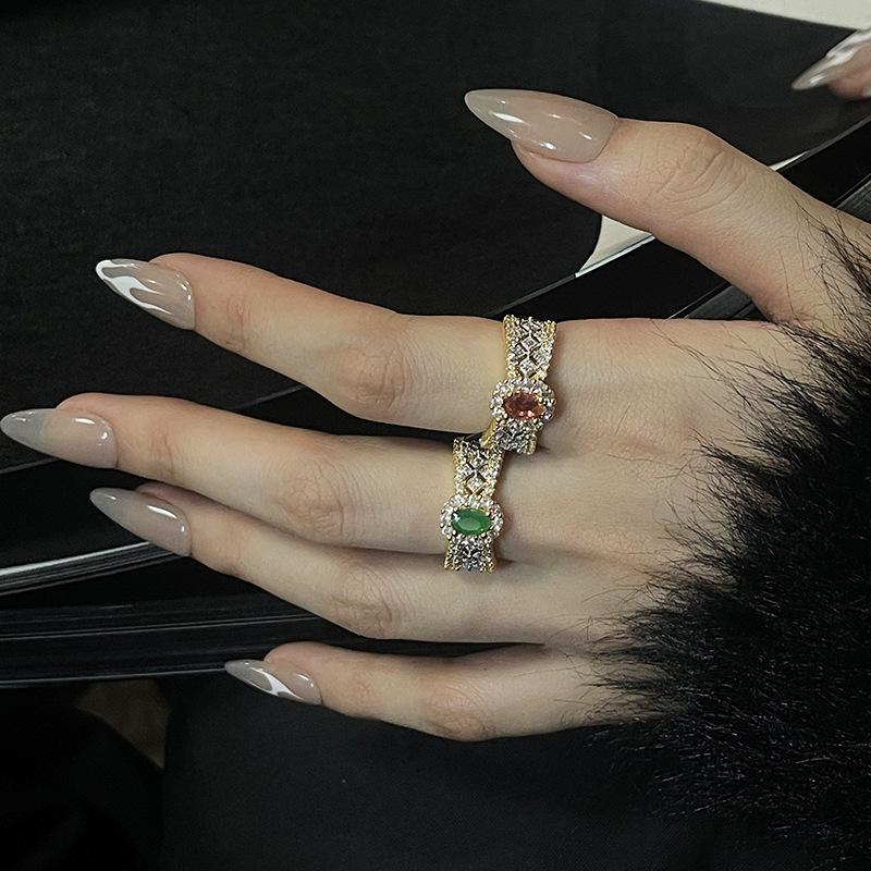 Italian Antique Retro Fashion Open Ring Hollow Micro-Inlaid Zircon Double-Layer Color Separation Light Luxury Ring