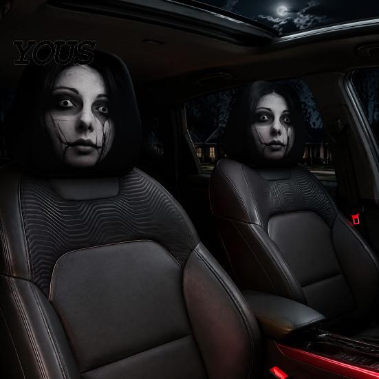Easy to Install Vehicle Headrest Protectors 2PCS Car Cover with Scary Face Printing, Breathable Stretch Knitted Knit Fabric Dust Cover, Halloween