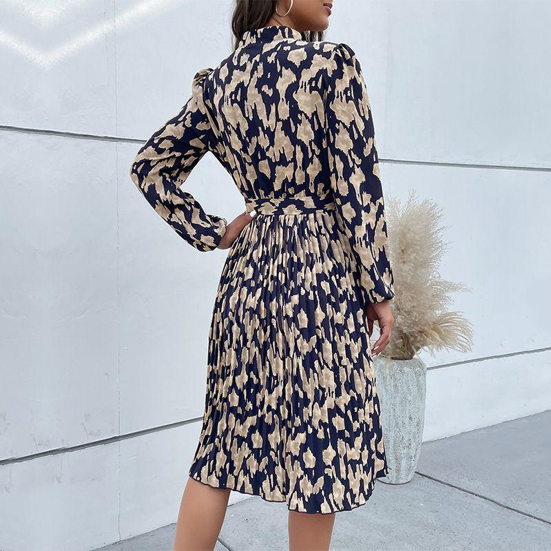 2023 Fashion Women's Pleated Print Dress Long Sleeves Dress
