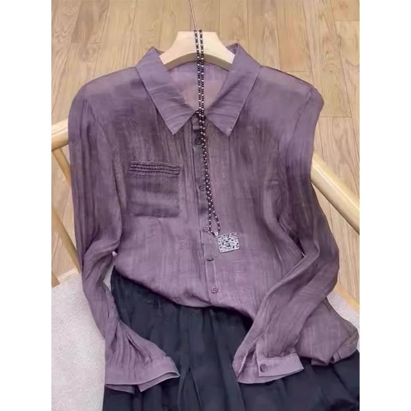 Women's Temperament Purple Long Sleeved Ice Silk Top