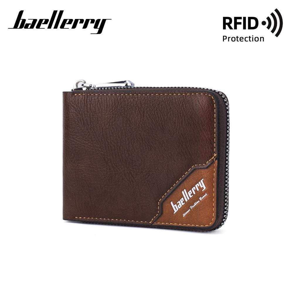 Baellerry Men's Color-blocking RFID Short Wallet Vintage Fashion Billfold Patchwork Horizontal Card Holder Zipper Coin Purse