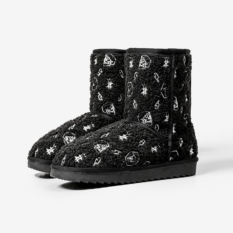 

[] New medium tube snow boots women s wool embroidery fashion warm thickened velvet non-slip cotton shoes 35 чёрный