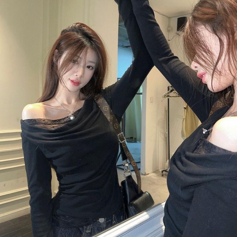 

Футболка с кружевной вставкой в стиле Pure Desire с открытыми плечами и длинными рукавами для женщин, Короткий топ с открытыми плечами для похудения и формирования фигуры на осень one size