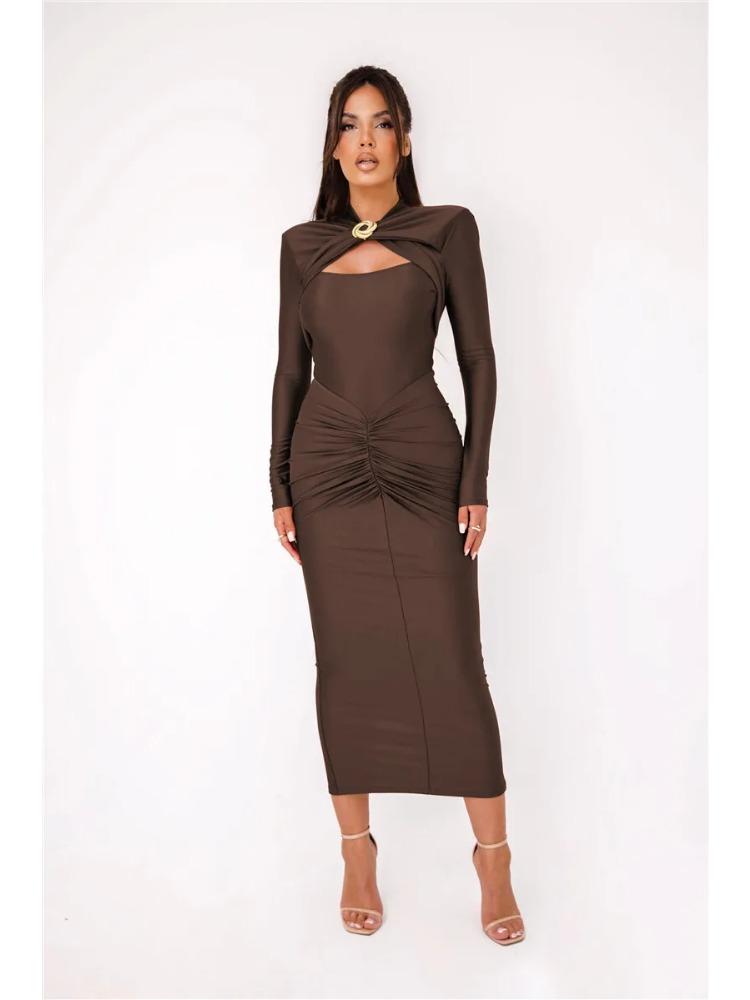 Hollow Out Long Sleeve Sexy Maxi Dress For Women Gown Autumn Winter New Metal Buckle Ruched Slit Long Dress Elegant