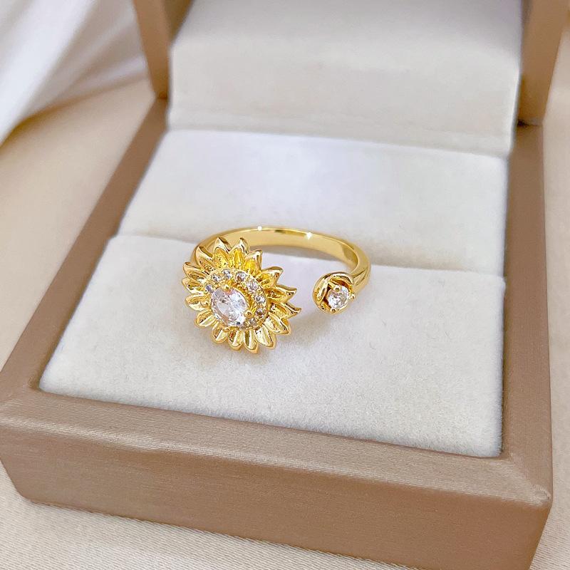 Echtgold Licht Luxus Blume Voll Diamant Ring Öffnung Verstellbar Schlichter Schmuck Japanischer Ring Partnerring