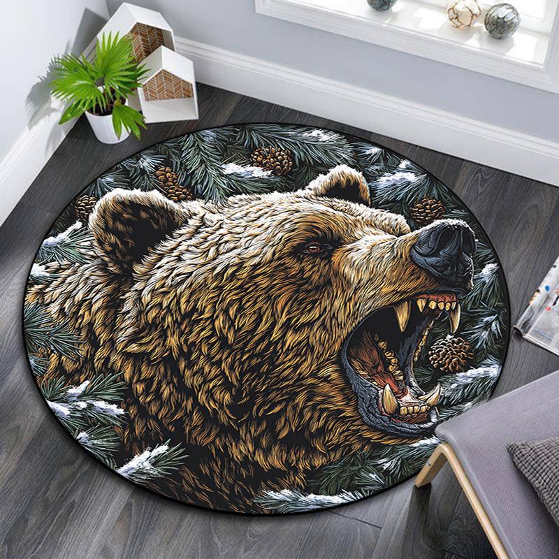Grizzly Bear Round Area Rug,Carpet Rug for Living Room Bedroom Sofa Playroom Decor,Non-slip Floor Mat