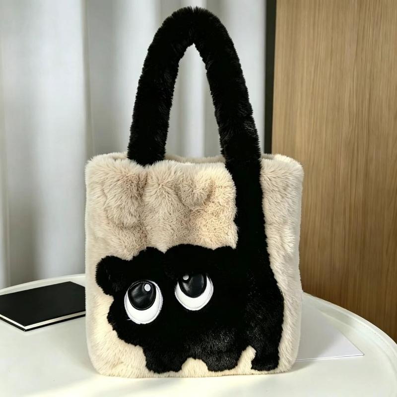 Creative Cartoon Cat Women's Plush Bag Large Capacity Embroidery Tote Bag Simple Fashion Soft Shoulder Bag for Autumn Winter