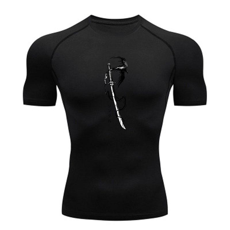 Men's Quick Dry Compression Workout T Shirt, Anime Samurai Katana Printed Athletic Undershirt for Running Training Gym F